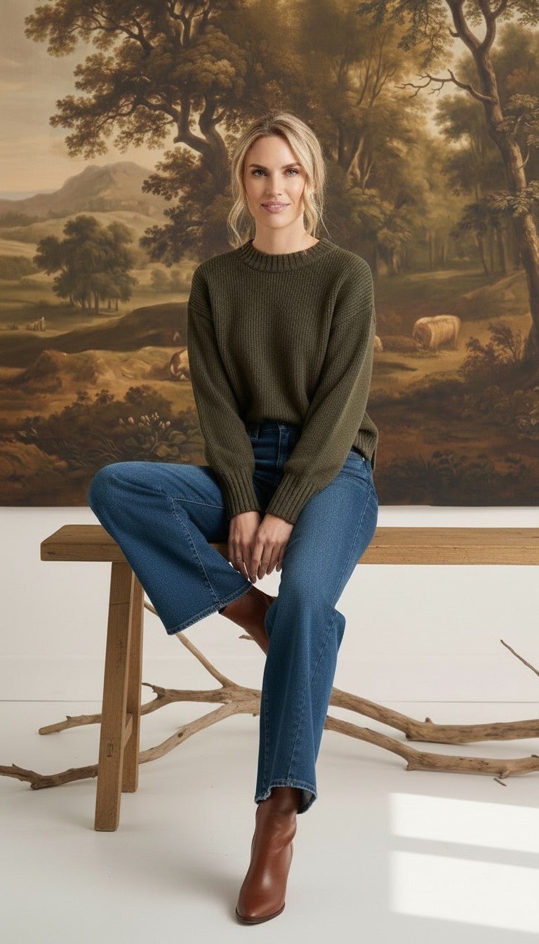 graced The Lily wide leg blue denim jeans paired with an olive green sweater and brown boots on a wooden bench