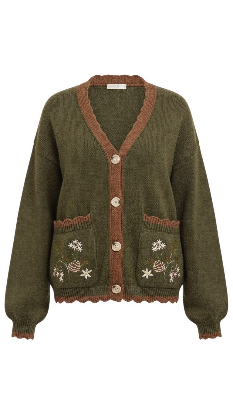 graced The Lola olive green knit cardigan with brown trim, button front, and floral embroidered pockets.