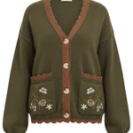 graced The Lola olive green knit cardigan with brown trim, button front, and floral embroidered pockets.