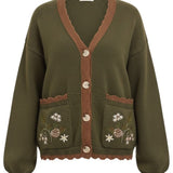 graced The Lola olive green knit cardigan with brown trim, button front, and floral embroidered pockets.