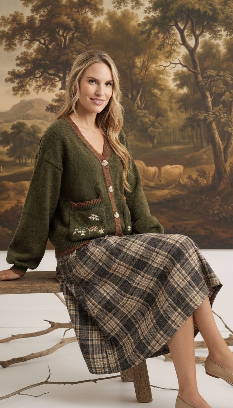 graced The Lola Pocket Detail Cardigan in olive green with floral embroidery, button front, and brown trim.