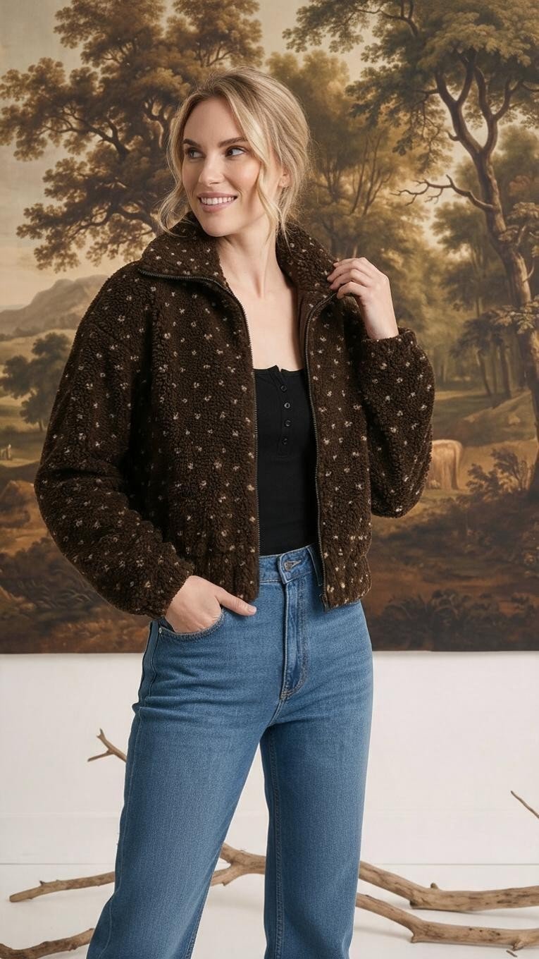 Model wearing a graced brown patterned fleece zip-up jacket with a high collar over a black top and blue jeans.