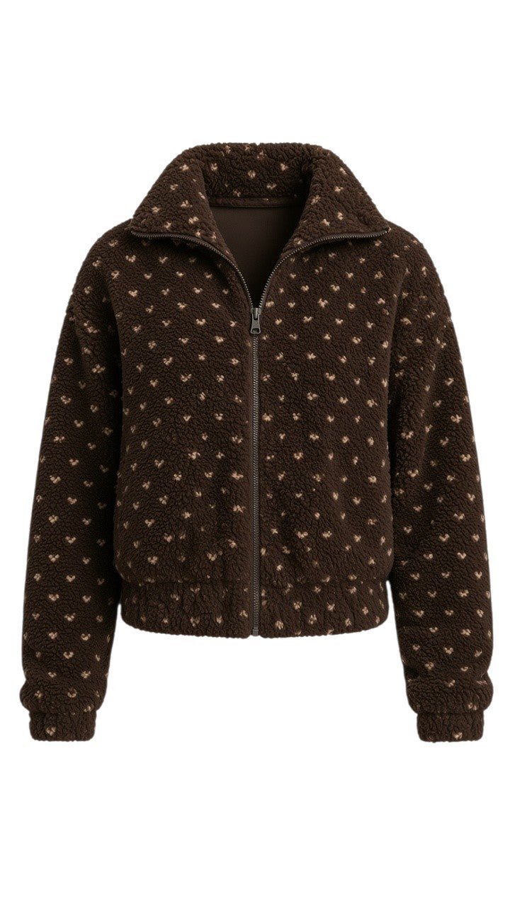 graced Lydia fleece jacket in dark brown with a subtle beige heart pattern, featuring a zip-up front and collar.