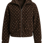 graced Lydia fleece jacket in dark brown with a subtle beige heart pattern, featuring a zip-up front and collar.