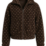 graced Lydia fleece jacket in dark brown with a subtle beige heart pattern, featuring a zip-up front and collar.