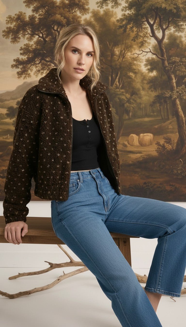 graced Lydia fleece jacket in dark brown with a subtle star pattern, worn by a model sitting on a wooden bench