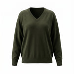 Dark olive Graced Lyn Super Soft Batwing V-Neck Sweater shown on a model, highlighting its relaxed fit and cozy fabric.