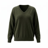 Dark olive Graced Lyn Super Soft Batwing V-Neck Sweater shown on a model, highlighting its relaxed fit and cozy fabric.