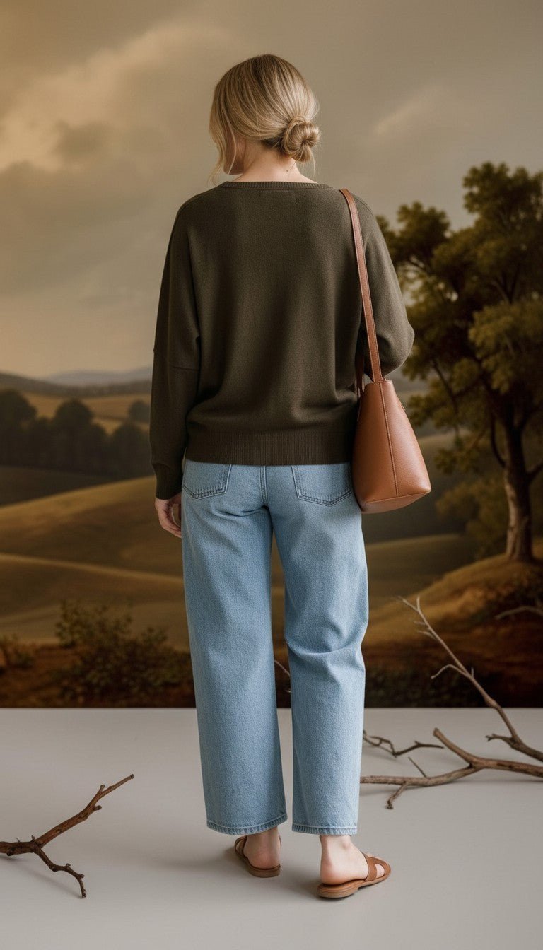 graced Lyn espresso batwing V-neck sweater worn with light wash jeans and a brown shoulder bag, back view