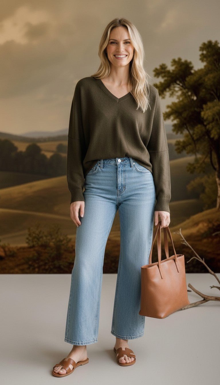graced Lyn espresso brown V-neck batwing sweater worn by a smiling woman with light blue jeans and a tan tote bag