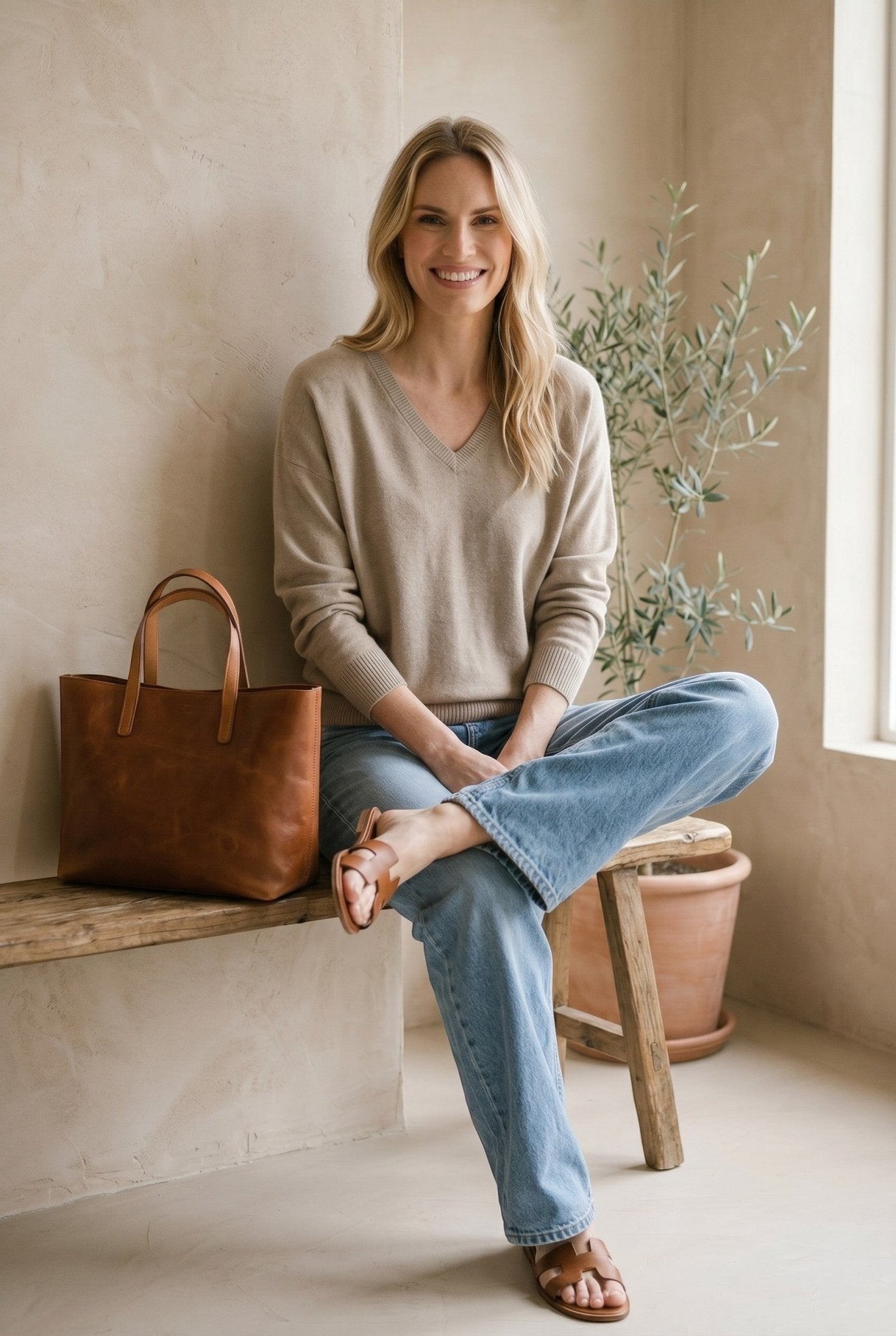 Taupe Graced Lyn super soft batwing V-neck sweater displayed on a hanger, showcasing its relaxed fit and cozy fabric.