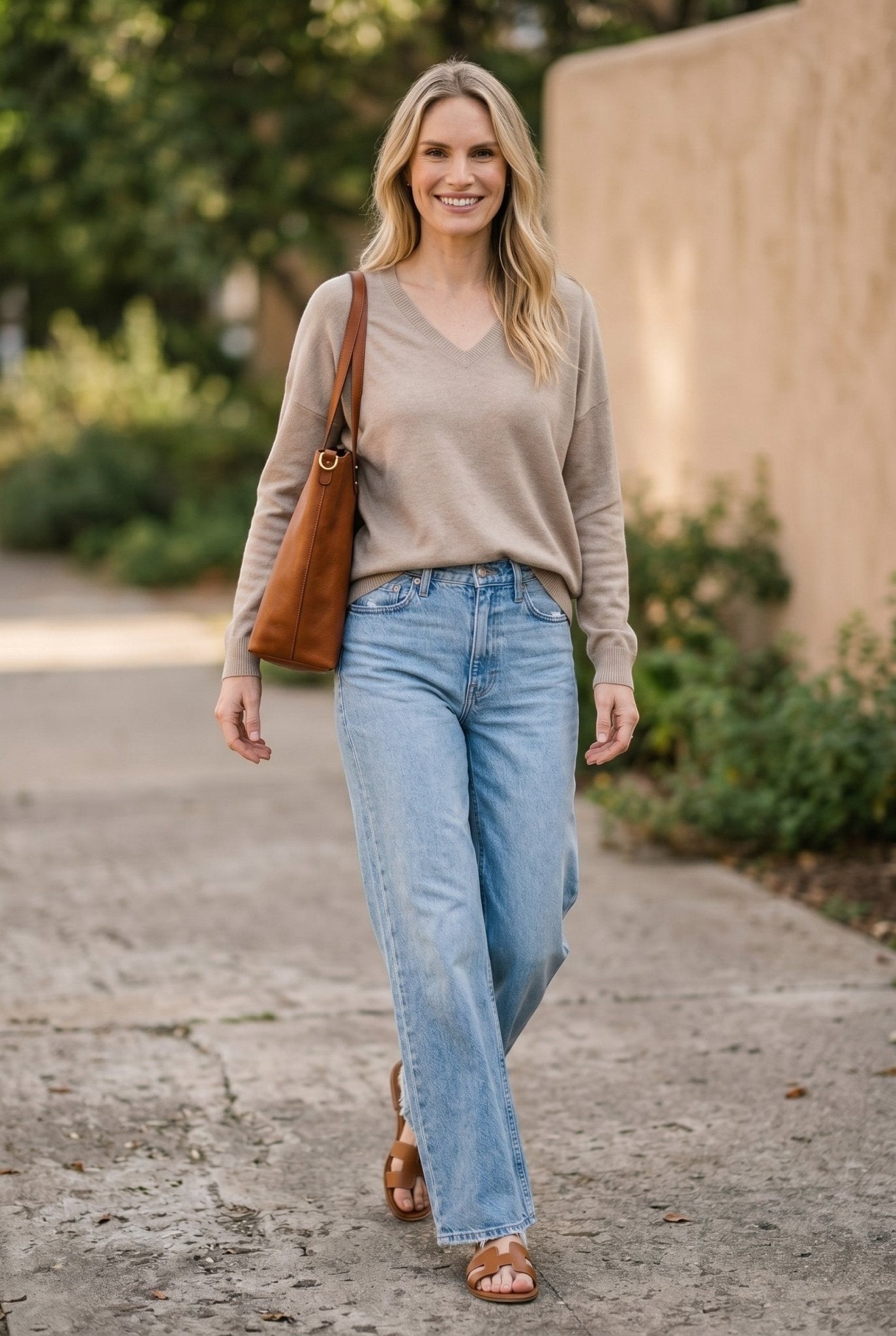 Taupe graced Lyn super soft batwing V-neck sweater displayed on a model, showcasing relaxed fit and cozy knit fabric.