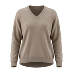 Taupe batwing V-neck sweater by graced, featuring a super soft knit fabric and relaxed fit with wide sleeves.