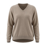 Taupe batwing V-neck sweater by graced, featuring a super soft knit fabric and relaxed fit with wide sleeves.