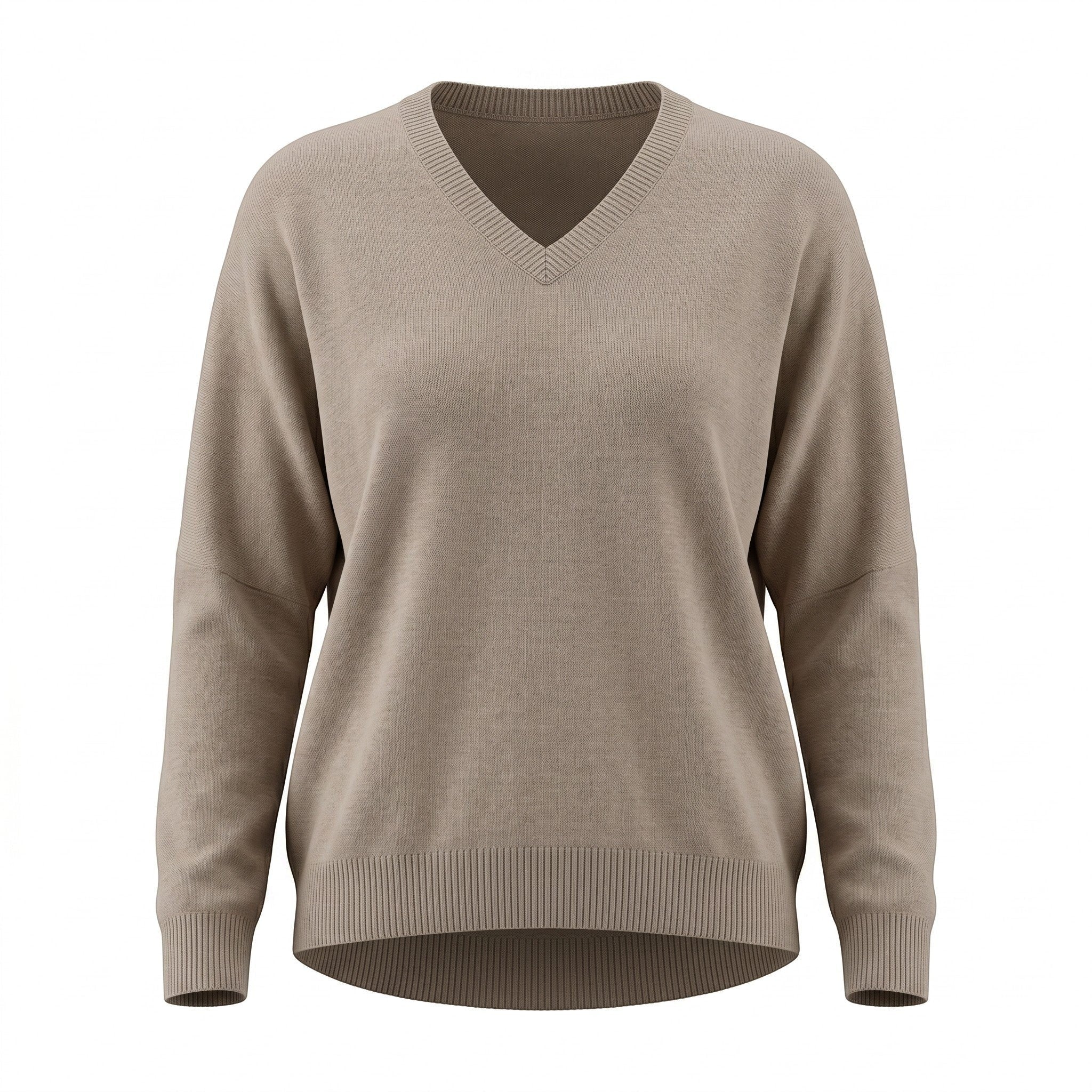 Taupe batwing V-neck sweater by graced, featuring a super soft knit fabric and relaxed fit with wide sleeves.