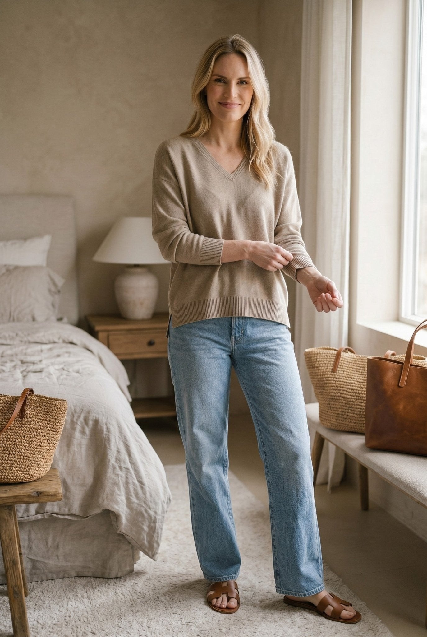Taupe batwing V-neck sweater by graced, showcasing a super soft, relaxed fit with wide sleeves and a cozy knit texture.