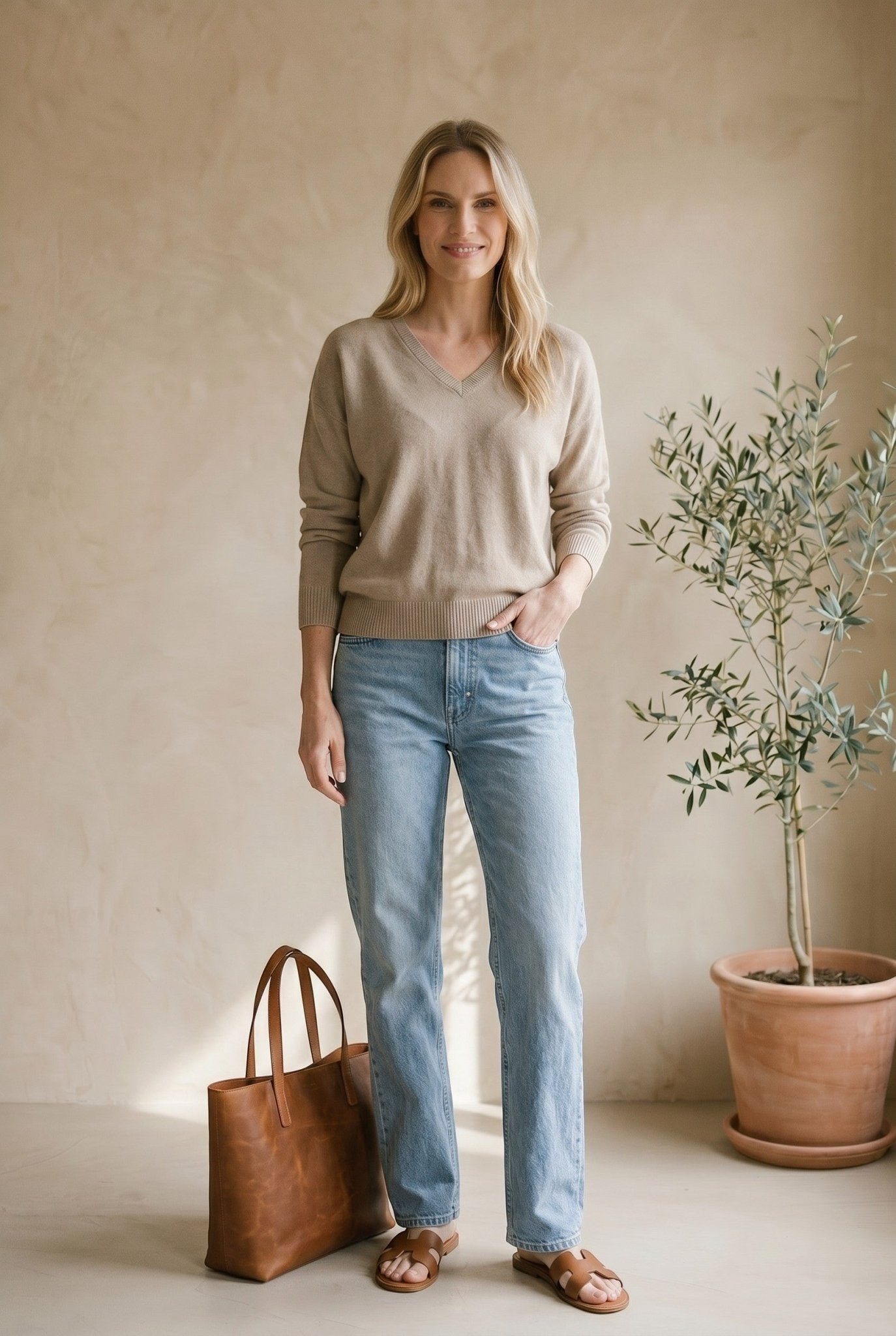 Taupe Graced Lyn super soft batwing V-neck sweater displayed on a model, showcasing its relaxed fit and cozy fabric.