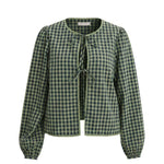 graced Madilynne Gingham Top in green and black with long sleeves, delicate lace trim, and front tie closures.