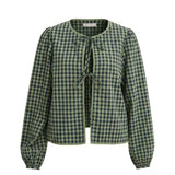 graced Madilynne Gingham Top in green and black with long sleeves, delicate lace trim, and front tie closures.