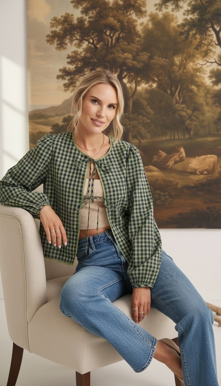 graced The Madilynne Gingham Top in green and black with long sleeves, lace trim, and a front tie closure