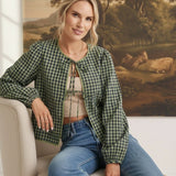 graced The Madilynne Gingham Top in green and black with long sleeves, lace trim, and a front tie closure