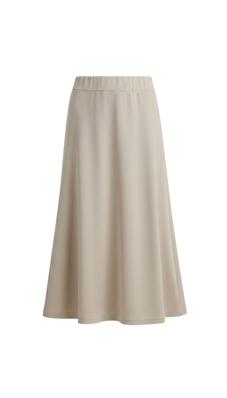graced The Margo beige wool-blend midi skirt with a relaxed A-line silhouette and comfortable elastic waistband.