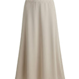 graced The Margo beige wool-blend midi skirt with a relaxed A-line silhouette and comfortable elastic waistband.