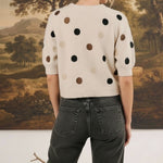 Back view of a woman wearing a graced cream knit top with multi-color polka dots and short sleeves with dark jeans.