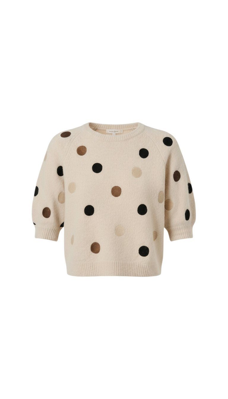 graced Michelle knit top in cream with multi-color polka dots, featuring short sleeves and a relaxed fit.