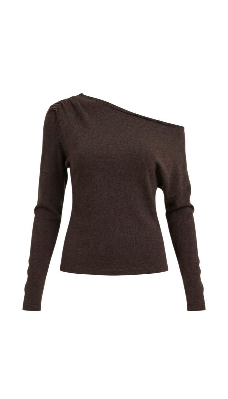 graced chocolate brown off the shoulder top with long sleeves and asymmetrical neckline in a soft stretch fabric