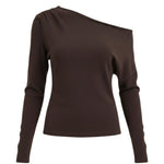 graced chocolate brown off the shoulder top with long sleeves and asymmetrical neckline in a soft stretch fabric