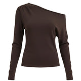 graced chocolate brown off the shoulder top with long sleeves and asymmetrical neckline in a soft stretch fabric