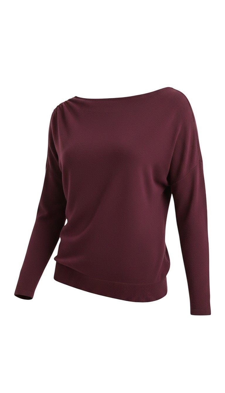 graced winetasting off the shoulder long sleeve top with a textured knit finish and asymmetrical neckline