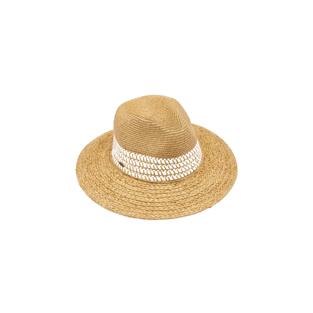 Beige straw hat with a white band on a white background