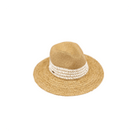 Beige straw hat with a white band on a white background