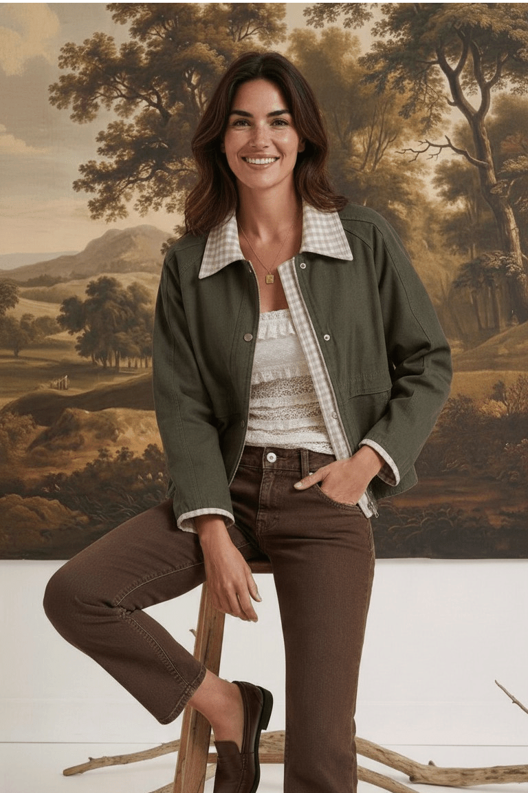 graced Paula canvas twill jacket in olive green with a gingham collar worn by a model on a wooden stool