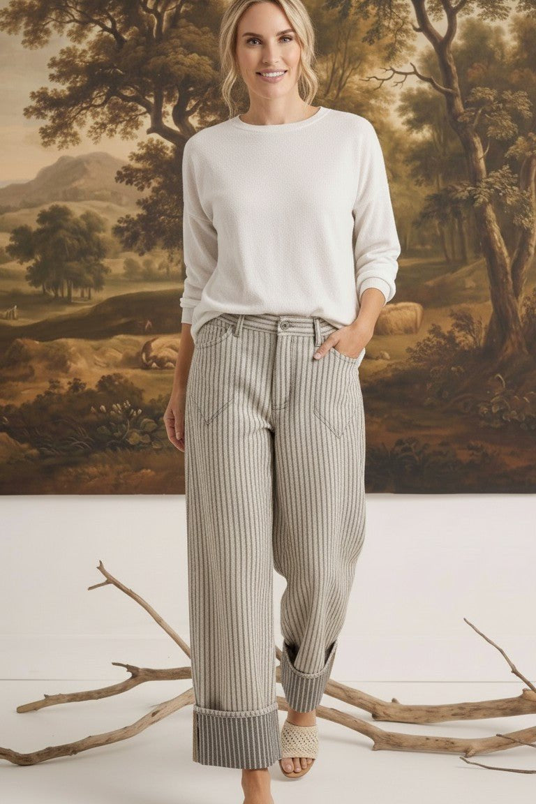 Model wearing graced The Rae Striped Barrel Pants in a relaxed cotton-blend fabric with a cuffed hem