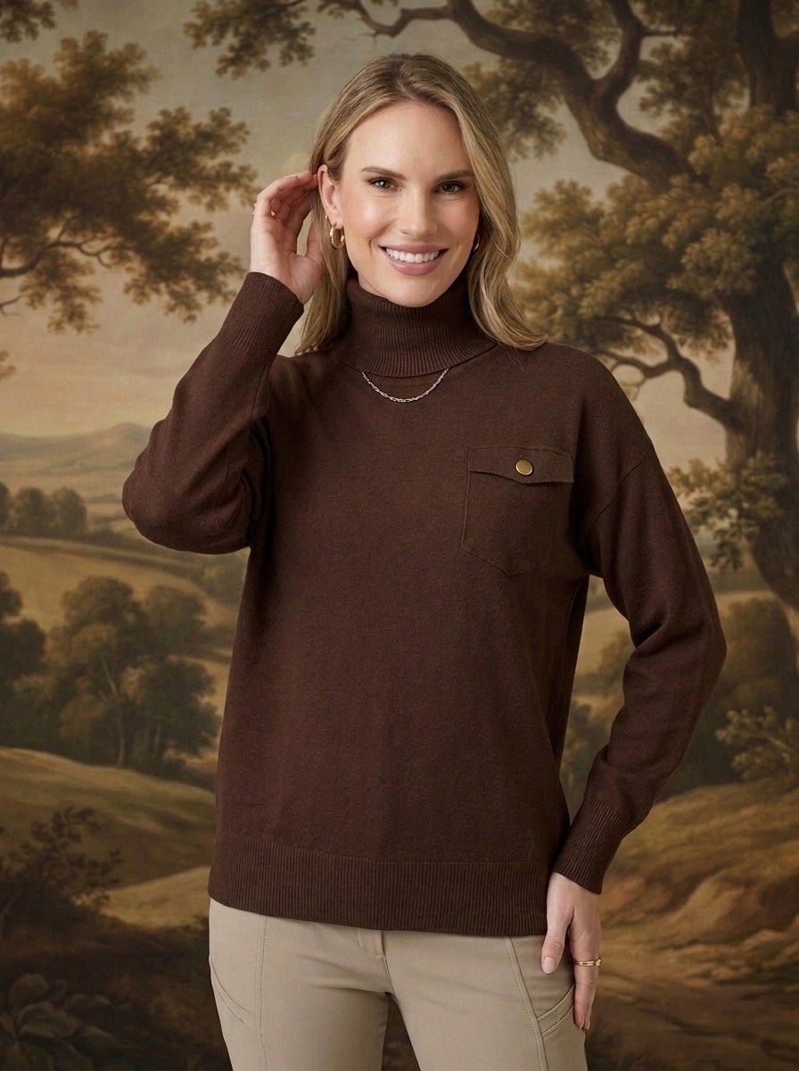 graced Remy brown turtleneck sweater with a single chest pocket, wide ribbed cuffs, and a soft blended knit finish.