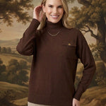 graced Remy brown turtleneck sweater with a single chest pocket, wide ribbed cuffs, and a soft blended knit finish.