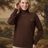graced Remy brown turtleneck sweater with a single chest pocket, wide ribbed cuffs, and a soft blended knit finish.