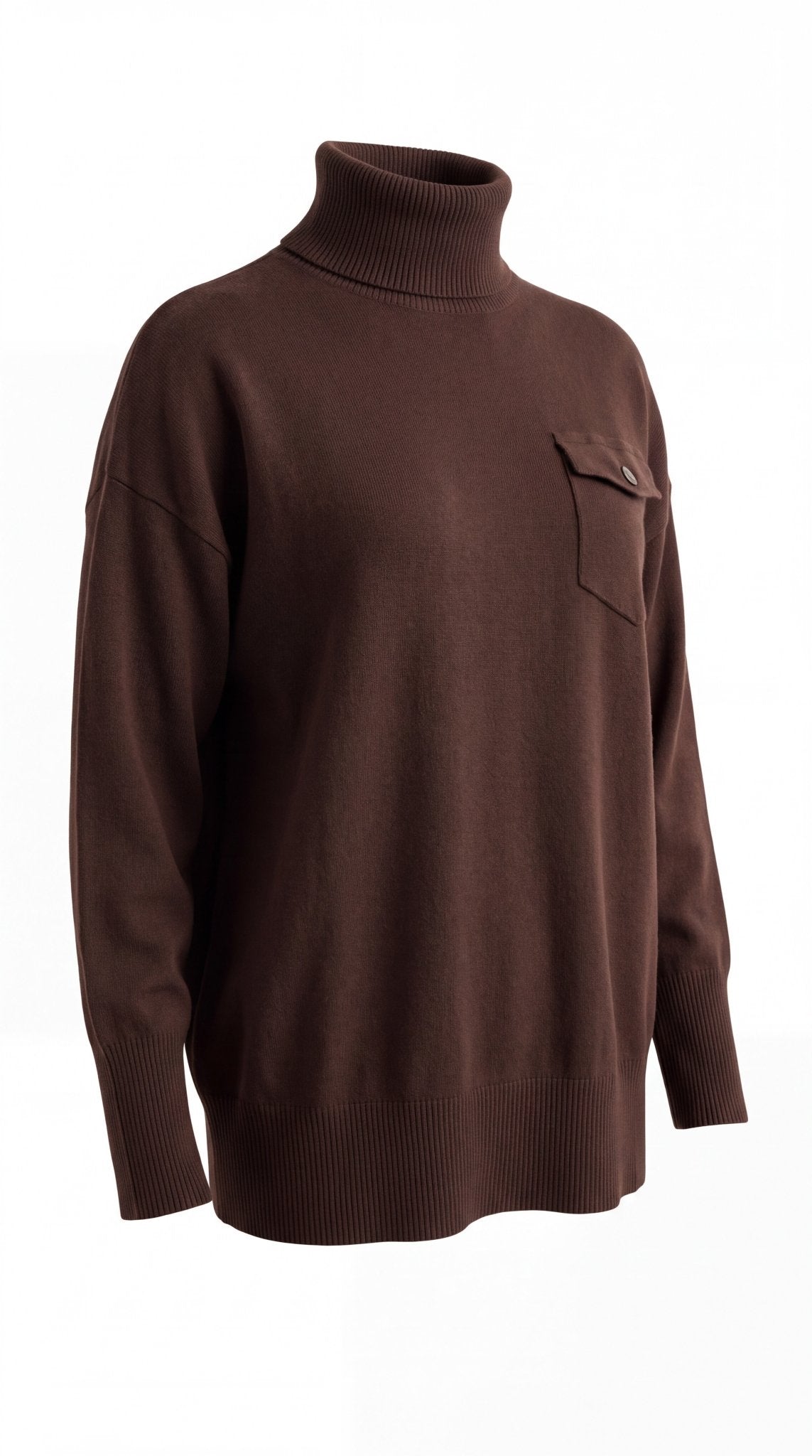 graced Remy brown turtleneck sweater with a single chest pocket, ribbed cuffs, and hem in a relaxed knit fit.