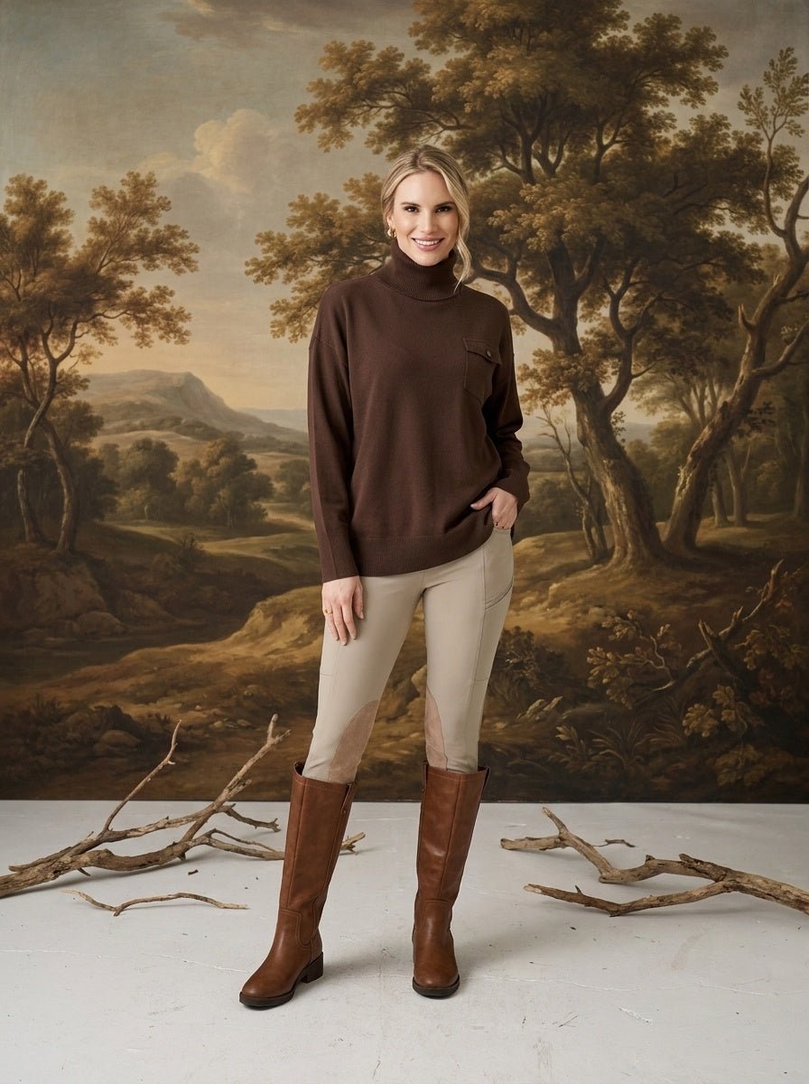 graced Remy brown turtleneck sweater with a chest pocket, worn by a woman with beige riding pants and brown boots