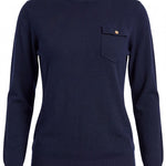 graced navy turtleneck sweater with a single chest pocket, ribbed cuffs, and hem in a soft blended knit fabric