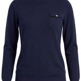 graced navy turtleneck sweater with a single chest pocket, ribbed cuffs, and hem in a soft blended knit fabric