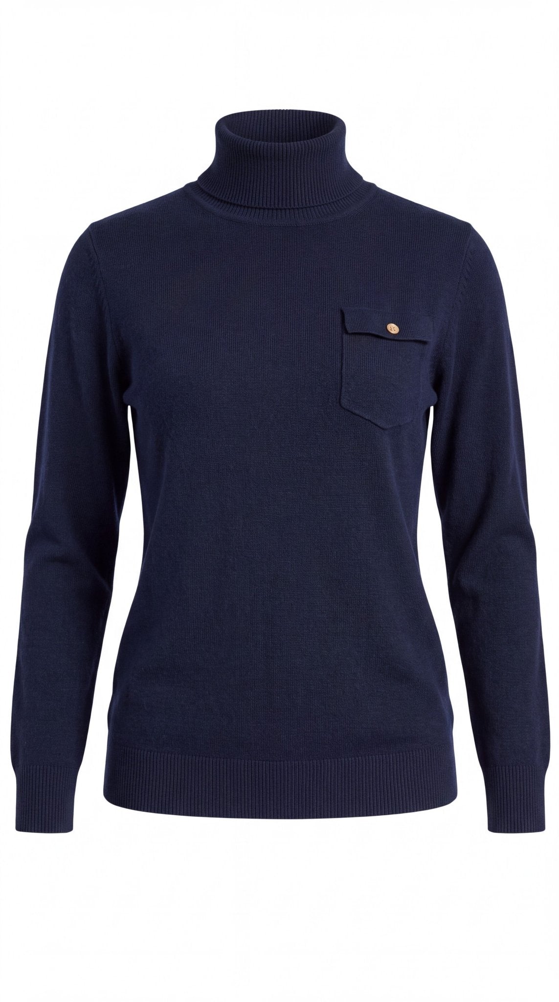 graced navy turtleneck sweater with a single chest pocket, ribbed cuffs, and hem in a soft blended knit fabric
