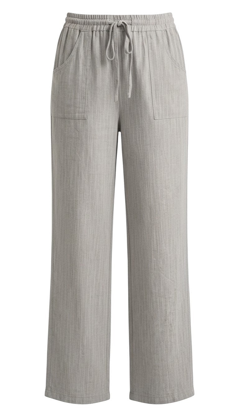 graced The Rita relaxed grey striped pants in a soft rayon-linen blend with an elastic drawstring waist and pockets.