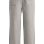 graced The Rita relaxed grey striped pants in a soft rayon-linen blend with an elastic drawstring waist and pockets.