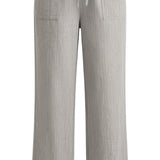 graced The Rita relaxed grey striped pants in a soft rayon-linen blend with an elastic drawstring waist and pockets.