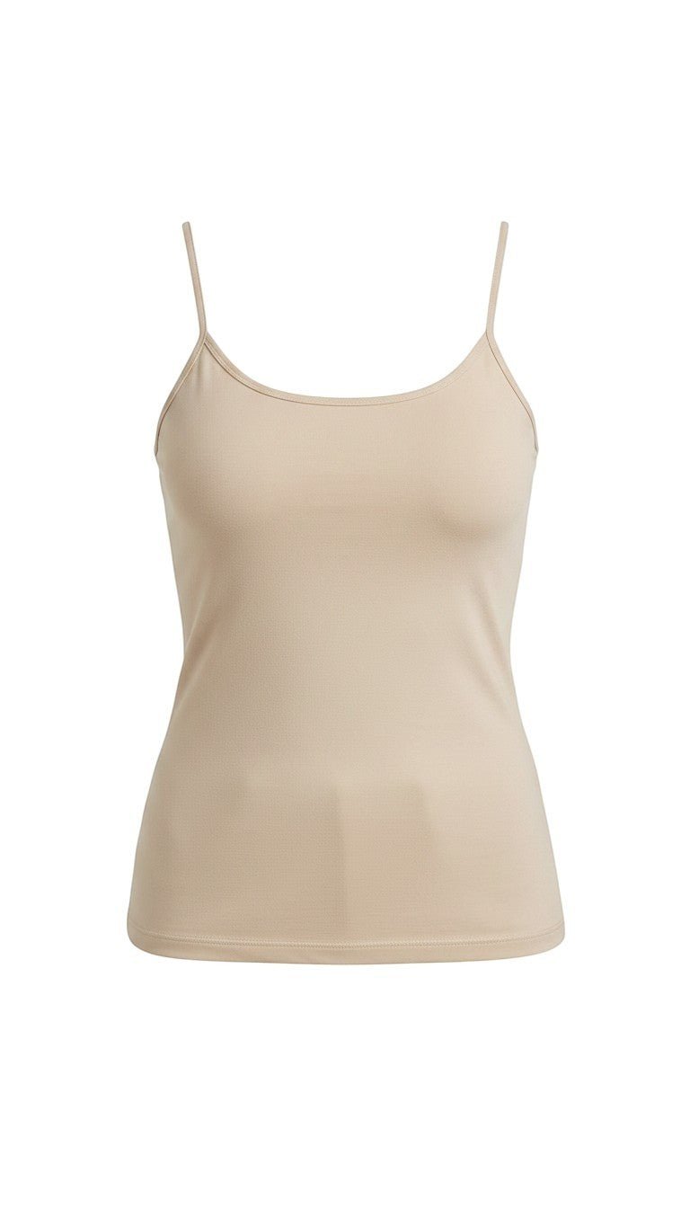 graced light taupe fitted cami with spaghetti straps in soft nylon spandex blend