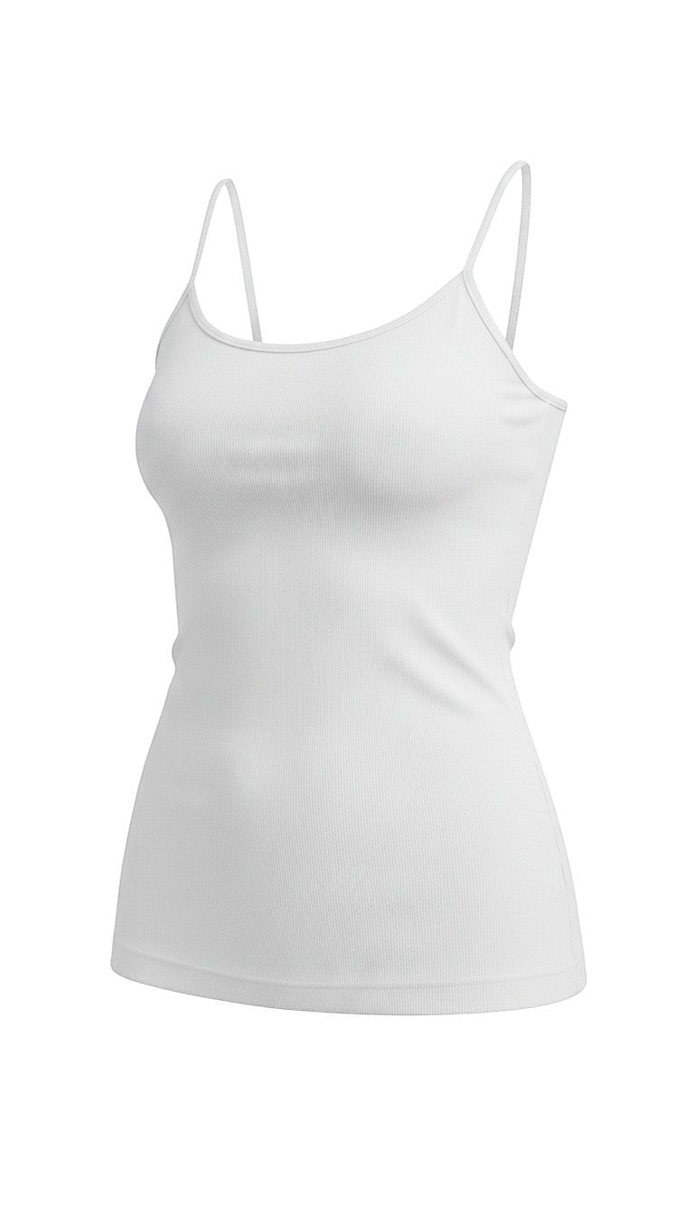 graced white fitted cami with spaghetti straps made from soft nylon and spandex blend
